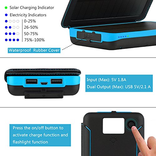 FEELLE Caricabatterie Solare 24000mAh, Power Bank con 3 Pannelli Solare Portatile Batteria Pack impermeabile 2 Porte USB per iPhone 6S 6 Plus 5S, iPad Air, Samsung Galaxy,Huawei, Nexus, HTC
