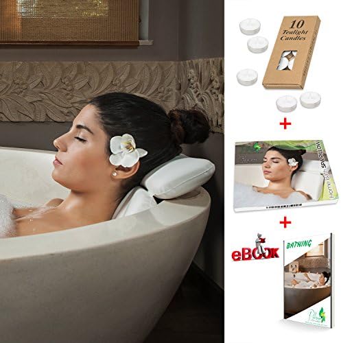Waterproof Bath Pillows – Bonus 10 Tea Light Candles, 1 E-book and a Gift Box – Bath Pillow for Head and Neck Eases the Cervical Spine Pains – Luxury Bath Neck Pillow with Seven Suction Cups – Bath Cushions with Memory Foam for Back Support – Perfect Spa Session