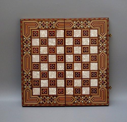 Chessgammon TRAVEL BACKGAMMON SET INCLUDING BOARD AND PIECES HELENA HANDMADE SOLID WALNUT WOOD INLAID MOSAIC INSET MOTHER OF PEARL INSET CHATEAU 16" - B2