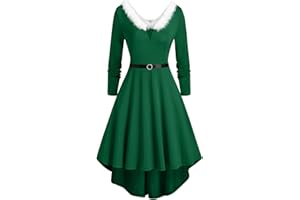 WVONIF Robe Noël Femme Grande Taille Nouveauté Col en V Duveteux Robe Noel Rouge Mignon Imprimé Rose Cocktail Soirée Rockabilly Décontractée au Genou Midi Robes Christmas Dress Déguisement Père Noël Costume