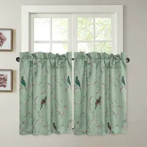 H.VERSAILTEX Energy Smart Room Darkening Rod Pocket Blackout Curtain Tier Panels for Multi Size - Sage Green Base with Turquoise Birds - (58 W x 36 L Pair of Tiers)