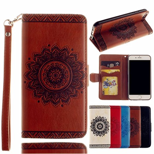 iPhone 7 Hülle, iPhone 7 Schutzhülle, MUTOUREN für iPhone 7 4.7 Zoll Handyhülle Brieftasche Gürtelhändytasche Bookstyle Wallet Flip Case Lederhülle mit Standfunktion Kartenfach Magnetic lock Ultra dünn Wallet Case Geprägtes Muster Henna Indische Sonne Mandala Rraun + Stylus Pen - 2