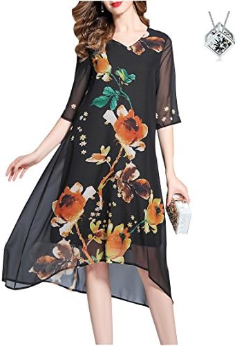 Womens Summer Vintage Silk Chiffon Print Dress MIDI Round Neck 3/4 Sleeves Flower Color Prom Wedding Evening Party Dresses for Women (XXL/UK 14, Black)