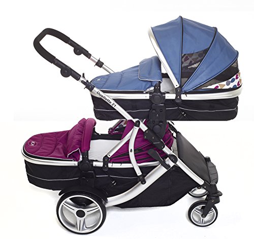 Duellette 21 Combo Twin Tandem Pushchair Baby Newborn carrycots Pram Travel system : 2 Pramette/seat units. Blueberry and raspberry by Kids Kargo