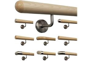 TIBU Barandilla de arce para escalera, mango de madera, soporte de acero inoxidable, longitud 30 – 500 cm de una pieza/variante: 30 cm con 2 soportes de media esfera fresada