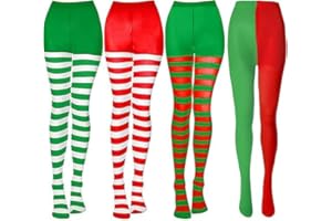 DAMIGHT 4 Pairs Christmas Striped Tights, Elf Tights for Women, Women's Red&Green&White Two Toned Striped Tights, Elf Santa Fancy Dress Costume Stripy Stockings for Christmas Cosplay, One Size