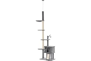 PawHut Árbol Rascador para Gatos Altura Ajustable 238-270 cm Torre para Gatos para Fijar al Techo con Hamaca Cueva Rampa Bola de Juego 60x40x270 cm Gris Claro