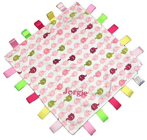 Personalised embroiderd elephant print security taglet/taggy baby comforter, Pink