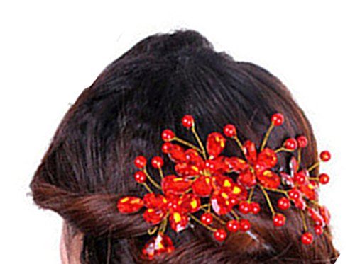 Bluelans® Women's Bridal Wedding Red Flower Diamante Crystal Rhinestones Pearls Hair Clip