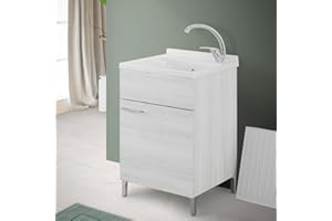 Inbagno Lavatoio con mobile e vasca in Resina resistente agli acidi, Completo di ASSE di Lavaggio e Kit sifone + piletta (50x50 cm 1 Anta, Bianco Venato)
