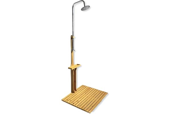 BURI Douche de jardin en bois de 221 cm - Douche extérieure avec plaque de sol de 75 x 75 cm - Douche en bois de pin huilé et fer galvanisé - Pommeau de douche de 205 cm - Tuyau d'arrosage - Douche de