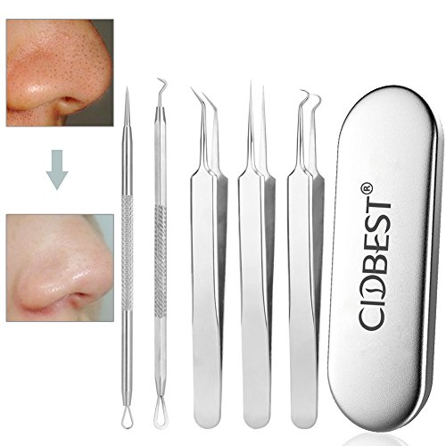 Mitesserentferner Werkzeug , Edelstahl Pickel Entferner Clips, Mitesser Gebogene Nadel Extraktor, CIDBEST® 5 Stücke Professionelle Qualität Blackhead Remover Kit , Mitesser Pinzette Nadel für Pickel Whiteheads Mitesser Akne Extraktoren - Risikofrei Glatte Nose Gesicht Haut