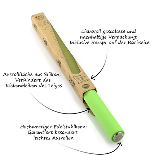 TreeBox Premium Silikon Teigrolle mit Edelstahlkern | Teigroller | Nudelholz | Für alle Teigarten und Fondant geeignet | Antihaft | Spülmaschinen- und Tiefkühlgeeignet | 36 cm lang | 3 cm Ø - 2