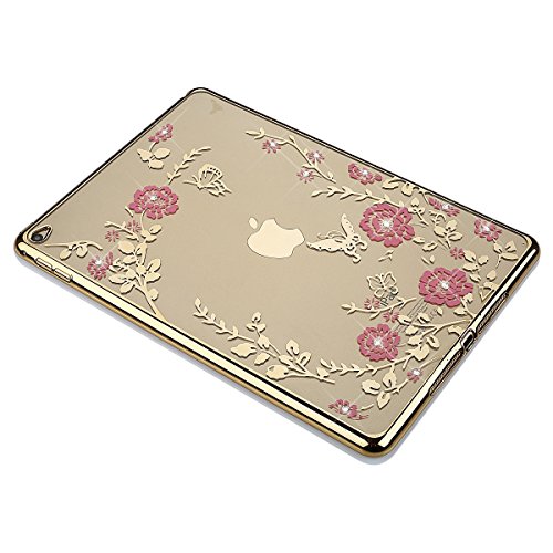 Felfy iPad Air 2 Hülle,iPad 6 Schutzhülle,iPad Air 2 Case,iPad 6 Silikon Cover Ultradünnen Kristallklar Durchsichtig Malerei Schmetterling Blumen Rebe Muster Glänzend Glitzer Kristall Strass Diamanten Transparent TPU Silikon Schutz Handy Hülle Case Tasche Silikon Crystal Case Durchsichtig Schutzhülle Etui Bumper für iPad Air 2/iPad 6 (Tyrant Gold) +1x Gold Stylus + 1x Katze Dust Plug - 6