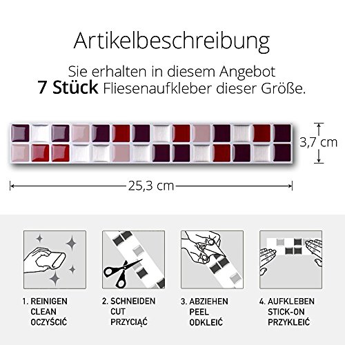7er Set 25,3 x 3,7 cm Grandora Mosaik Fliesenaufkleber 3D-Effekt große Auswahl W5288 Wandaufkleber Küche Bad Fliesendekor Folie selbstklebend rot beige silber Design 2 - 3