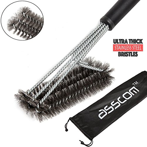 BBQ Grill-Bürste von asscom TM - 18 "- 3 Edelstahl-Bürsten in 1 und einen kleinen 100% kleine Silikonpinsel - Best Barbecue-Reiniger Werkzeuge Zubehör - Outdoor-Küche Drahtborsten Reinigung Grates Parts Set Weber Holzkohle, Charbroil, Gas, elektrischer Handgriff, Porzellan, Infrarot-Grills