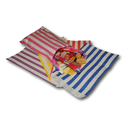 EPOSGEAR 100 Mischfarbe Süßigkeiten Streifen Papier Süßes Geschenk Taschen Tüten 5" x 7" (125mm x 175mm) - Blau, Gelb, Lila, Rot und Rosa - Ideal für Geschenkläden, Hochzeitsbevorzugungen, Süßigkeiten Wagen, Buffets usw