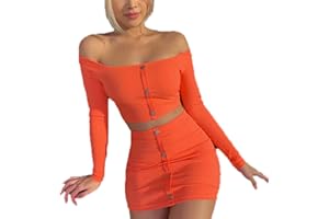 KEEPMORE 2 Piezas Conjunto Mujer - Mini Falda y Manga Larga Crop Top Camisa Moda Color Sólido Slim Fit Bodycon Conjunto Traje