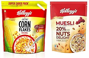 Kelloggs Combo, Kelloggs Corn Flakes Original, 1.2 kg and Kelloggs Muesli with 20% Nuts Delight Pouch, 750 g