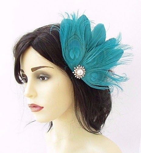 Starcrossed Boutique Turquoise Dark Green Rose Gold Feather Fascinator Hair Clip Races 1920s Vtg 3796