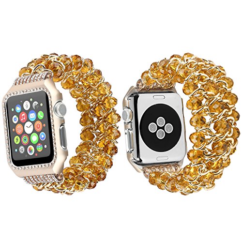 Preisvergleich Produktbild Qianyou Apple Watch Armband mit Hülle,42mm Perlenarmband Apple Watch Elastisches Uhrenarmband Armbänder mit Edelstahl Case für Apple Watch Series 1 Series 2 Series 3 Sport Edition Nike+,Gold