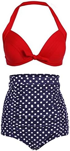 High Waist Retro Bikini Swimsuit Swimwear with Dark Blue Polka Dot Bottom and Red TopWay Wearing Boho Bikini Swimsuit Medium