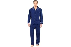 STYLO ONLINE Mens Traditional Pyjamas 2 Piece Set Classic Style Plain Poly Cotton Pjs Nightwear Lounge Wear Sleepwear Suits Button Up Long Sleeve Shirt Tops Pants Trousers