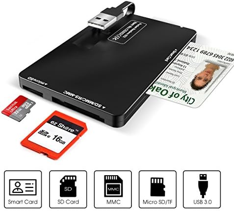USB Smart Card Reader ID Card Reader for National ID card/bank card/IC card, SD Card Reader for SD, MMC, RS-MMC, Micro SD, Compatible with Mac OS and Windows