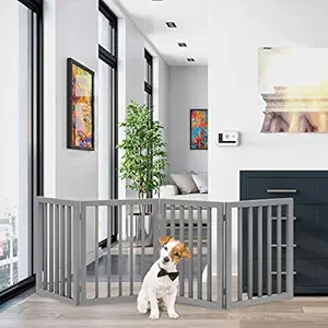 PETMAKER Freestanding Pet Gate 4 Panel Gray, Scalloped Folding Fence for Doorways