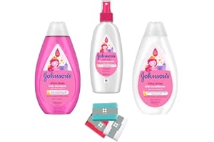 Johnson's (Kids Toiletries 3-Pack Shiny Drops) Kids Shampoo and Conditioner Bundled with 1pc SAESR Sponge. Kids Shampoo 500ml, Kids Conditioner 500ml, and Kids Conditioner Spray 200ml.