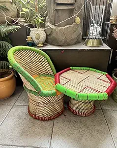 Habitat 1+1 Baby Chair with Table Kids Eco-Friendly Outdoor Bamboo Garden Chair Living Room Chair Handicraft Cane Bar Bamboo Chair Stool Mudda for Garden Patio Outdoor Indoor Furnishing