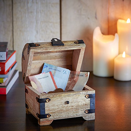 Geld-Schatztruhe zur Hochzeit mit individueller Gravur – für das Geldgeschenk zur Hochzeit – Schmuck-Kästchen aus hellem Holz mit [Wunschname] und [Datum] – Hochzeitsgeschenk – Motiv Eheringe – 14 x 11 x 13 cm - 3