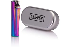 Briquet à pierre Clipper en métal bleu glacier/arc-en-ciel livré dans un coffret cadeau en métal