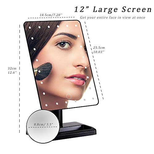 WanEway Kosmetikspiegel mit Beleuchtung, 20 LEDs, Dimmbar Durch Touch-Schalter, 10 x Vergrößerung, 12-inch Bildschirm, 360°Drehbar, mit Makeup Organizer, für Make up, Rasieren, Reisen (Schwarz) - 6