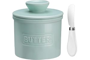 JSHKY French Butter Crock Keeper with Water Line, The Original Porcelain Butter Dish with Knife for Counter, Gift for Mother’s Day, Thanksgiving, Christmas, Color: Green