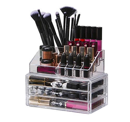 Organised Beauty 2 Piece Clear Acrylic Makeup Storage / Jewellery / Cosmetic / Nail Polish / lipstick Organiser Display Stand 3 Drawers |19 Sections | High Grade 3mm Acrylic