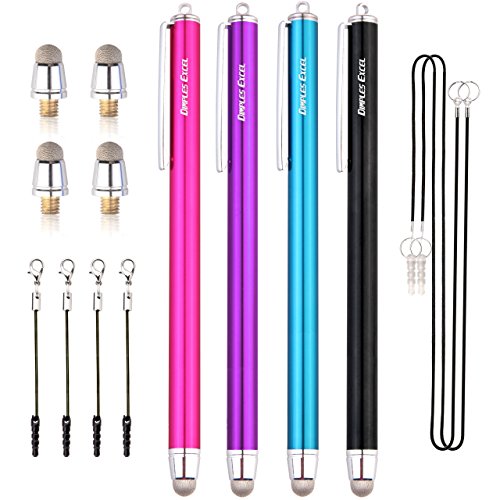 Dimples Excel Neue Generation Touchscreen Eingabestift 14cm Stylus with Ultra Slim Radius 3mm Micro-Knit Hybrid Fiber Tip (4pcs - Aqua-Blau / Schwarz / Lila / Pink)