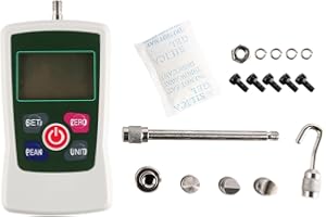 VOANZO Medidor de fuerza de empuje y tracción con pantalla digital electrónica portátil, mini medidor de fuerza de presión digital de mano con cabezales de fijación y estuche de almacenamiento (500 N)