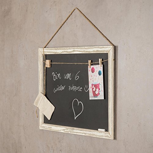 Memotafel Memoboard 55x40cm Tafel Wandtafel aus Holz in weiß gewischt mit Klammern & Kordeln zum Hängen – Landhaus Vintage Shabby Kreide Kreidetafel Küchentafel Wäscheklammer - 4