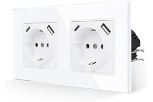 JIMEIDA Enchufes Dobles con USB en Blanco,Enchufes de Vidrio de 16Amp con Carga Rápida USB y Puerto Tipo C Enchufe de Pared al Ras-157 * 86mm,250V