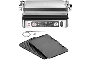 ‎BRAUN HOUSEHOLD Braun MultiGrill 9 Pro CG 9160, Elektrogrill mit 2 unabhängigen Thermostaten, 3 Kochpositionen, spülmaschinenfeste Platten, integrierte Thermosonde, 2200 W, Schwarz/Edelstahl