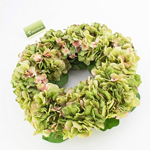 Sommerlicher Hortensienkranz aus künstlichen Blumen auf Rattan, grün-rosa, Ø35 cm – Deko Kranz für Tür, Tisch oder Wan – artplants - 4