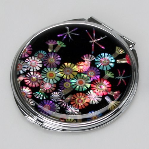 Specchio a Mano In Madreperla Specchio Compatto Rotondo Per Trucchi Cosmetici Con Motivo Fiori Selvatici e Libellula