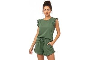 HUBIBUBI Ladies Frill Peplum Short and Top Set Stylish Comfortable Perfect Summer Co-Ord 2 Piece Longwear Tracksuit Ladies Shorts 2PCS Co ord Set Tracksuit UK