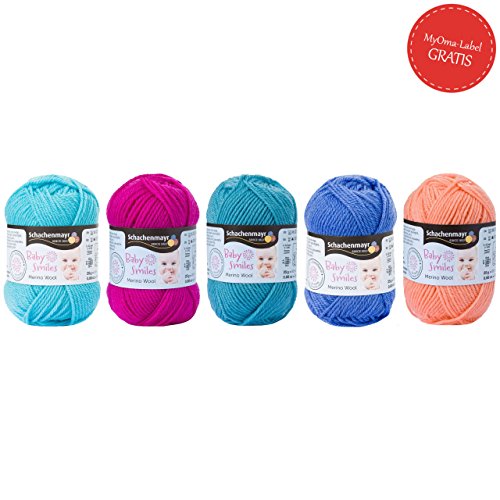 Schachenmayr Baby Smiles Wollmix Unter dem Meer klein * Baby Smiles Merino Wool in kräftigen Farben* 5 Knäuel Baby Wolle mit GRATIS MyOma Label –Babywolle zum Stricken und Häkeln –Baby Merino Wolle