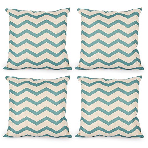 Top Finel Wavy Patterns Cotton Linen Throws Pillows Covers Cushions for Sofa Set of 4, 18x18 Inch, Teal