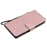 Honor 6X Hülle,Huawei Honor 6X Leder Sonnenblumen Hülle,Honor 6X Lanyard Wallet Schutzhülle,BONROY® Retro geprägte Sonnenblumen Muster PU Leder Flip Hülle Wallet Case Tasche Cover Handytasche Schutzhülle Lederhülle Handyhülle in Book Style Stand Case mit Kredit Kartenschlitz für Huawei Honor 6X-Rose Gold - 