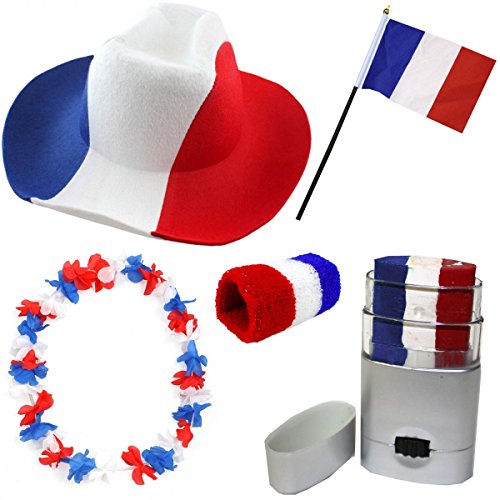 Sonia Originelli Fan-Paket-2 WM Länder Fußball Hut Kette Schminke Schweißband Flagge Farbe Frankreich