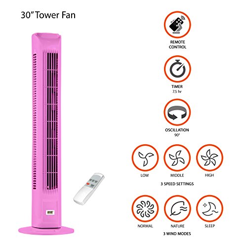 ANSIO® 30“ Oszillierend Turmventilator / Ventilator mit Fernbedienung / 3 Unterschiedliche Programme / 12 Monate Garantie / Lange 1.8m Kabel / GS, RoHS, REACH & CE bescheinigt. Rosa ( Batterien nicht im Lieferumfang enthalten ) - 2