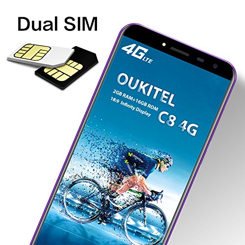OUKITEL C8 4G Smartphone (5.5 Zoll 18:9 VerhÃ¤ltnis Vollbild) 3000mAh Android 7.0 Quad-Core 2GB RAM+16GB ROM 13MP+9MP Dual Kamera Dual SIM Handy Ohne Vertrag-Lila